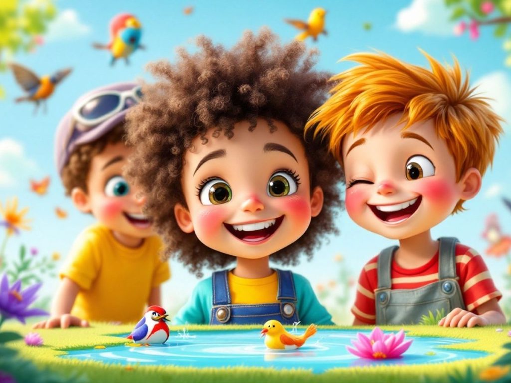 Copii jucându-se și explorând natura cu bucurie.