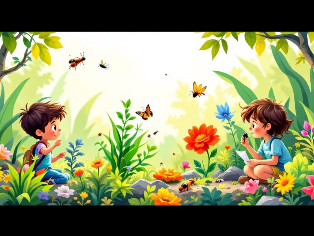 Copii curioși explorând natura și observând viața sălbatică.