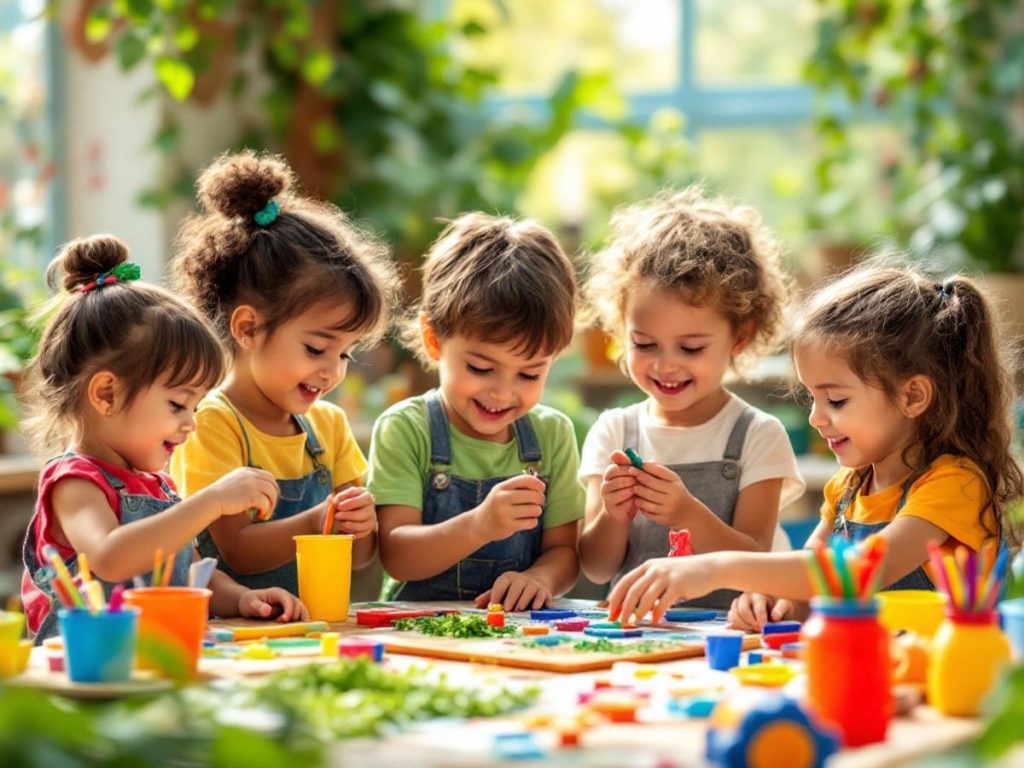 Copii explorând activități educative și creative.