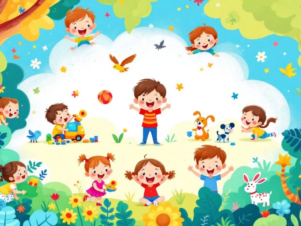 Copii jucându-se și explorând natura.