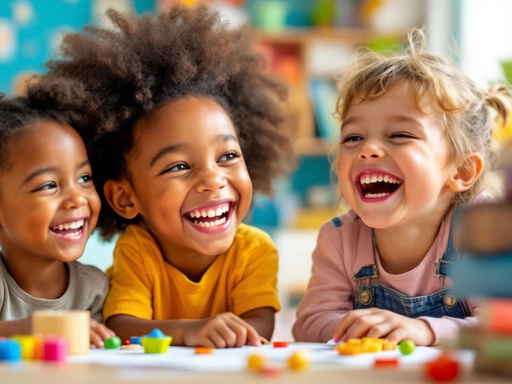 Copii râzând și învățând lucruri noi.