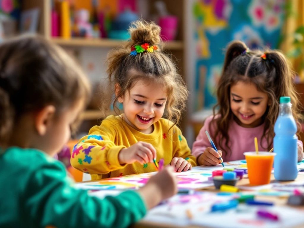 Copii creativi lucrând la proiecte artistice colorate.