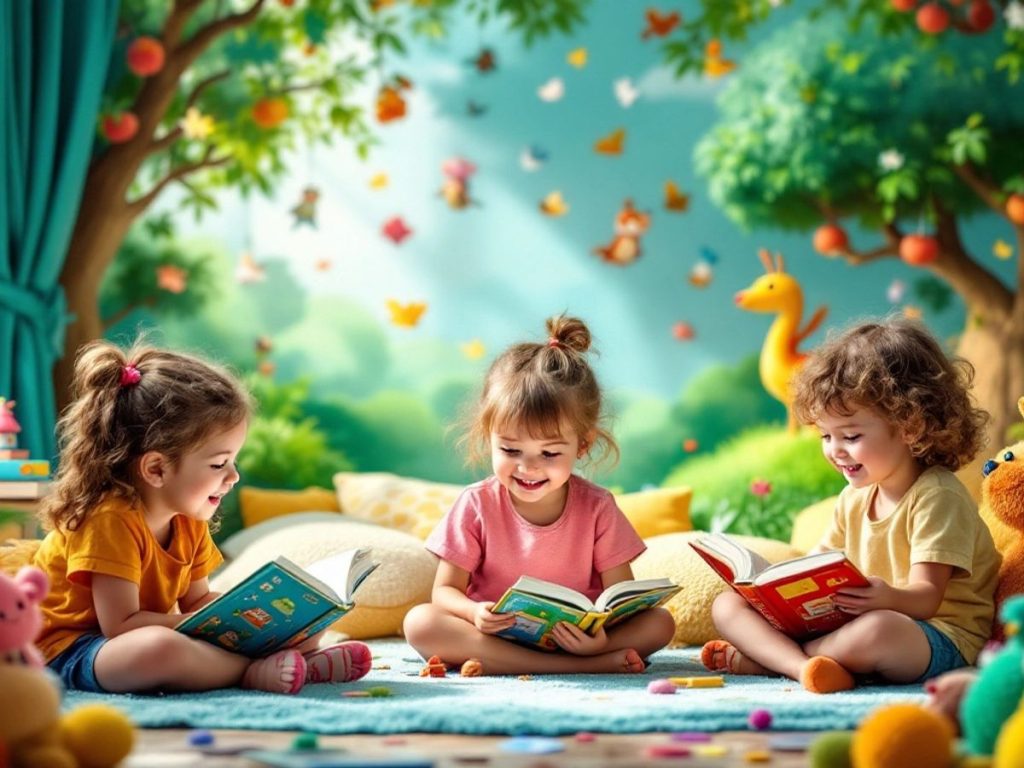 Copii citind cărți într-un mediu plin de imaginație.
