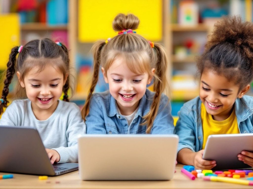 Copii învățând online, zâmbind și folosind laptopuri.