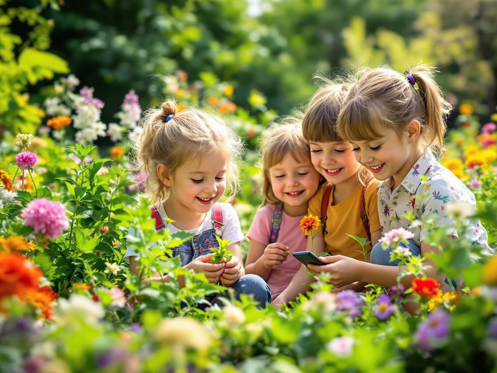 Copii explorând natura înconjurătoare, bucurându-se de descoperiri.