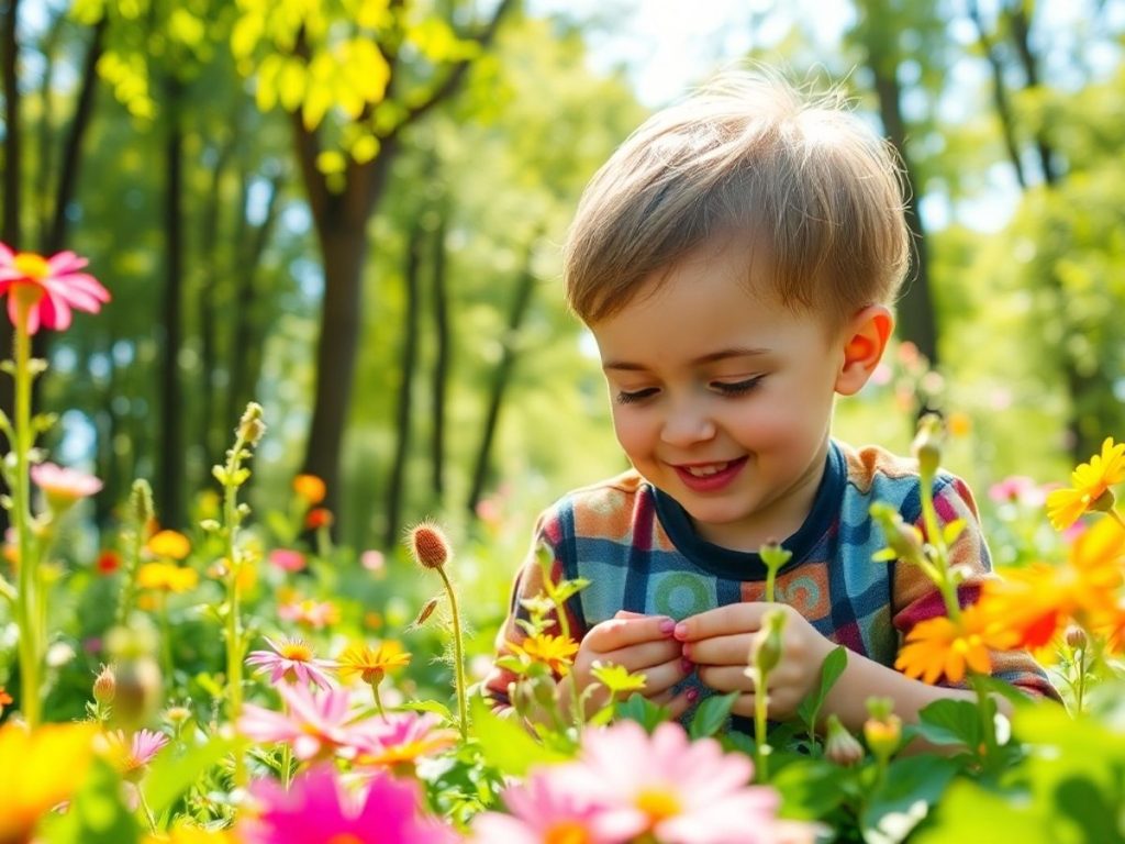 Copil curios explorând natura printre flori colorate.