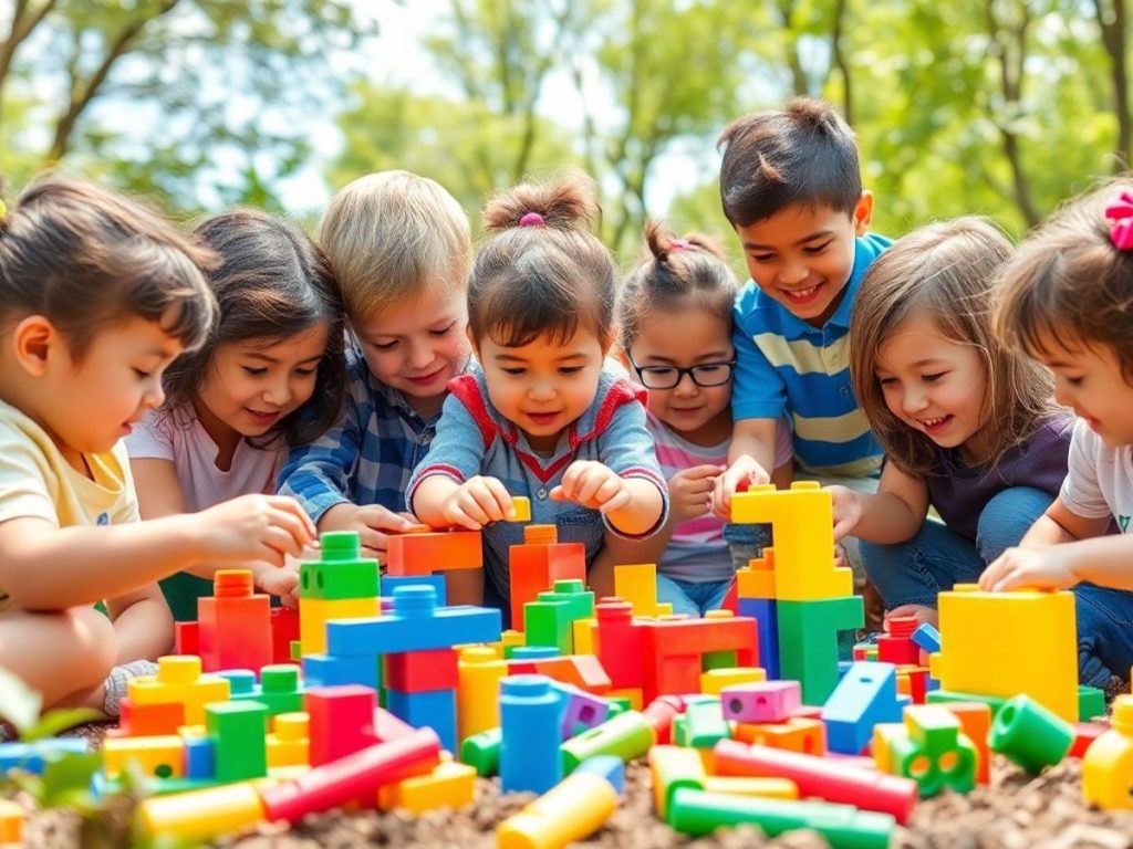 Copii jucându-se și învățând creativ cu jucării.