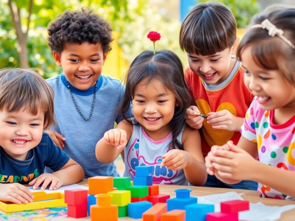 Copii jucându-se și învățând prin activități creativ.