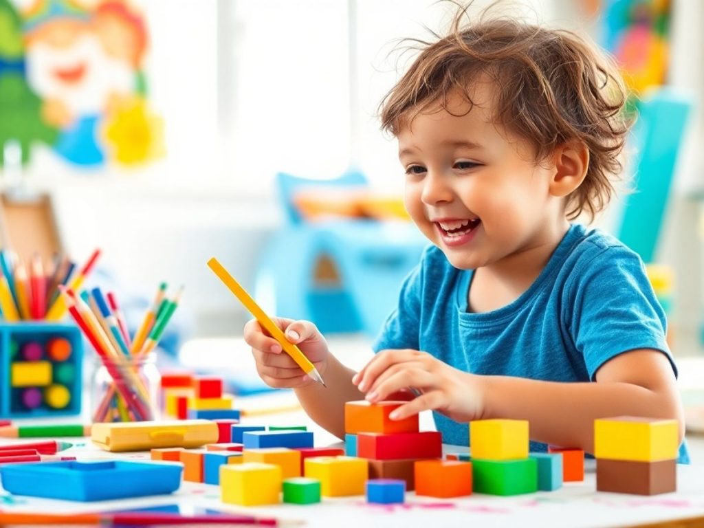 Copil creativ jucându-se cu culori și blocuri.