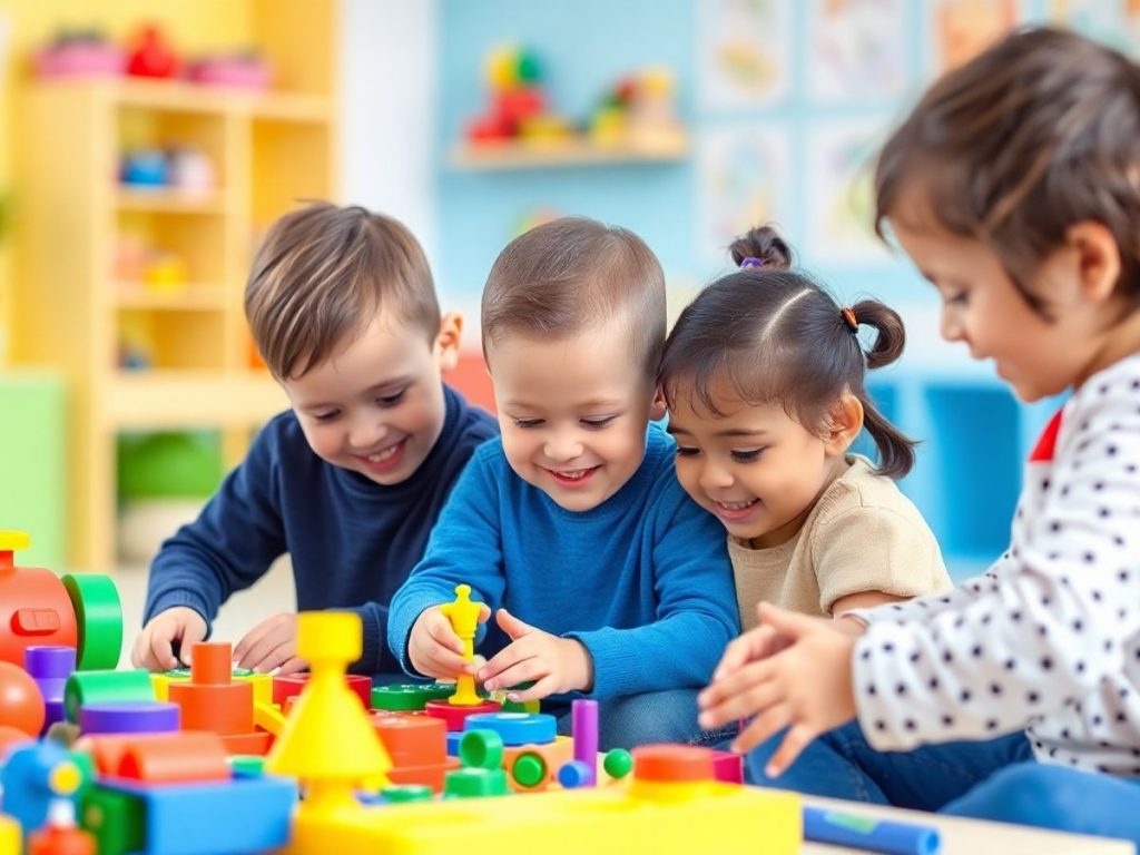 Copii jucându-se cu jucării educaționale colorate.