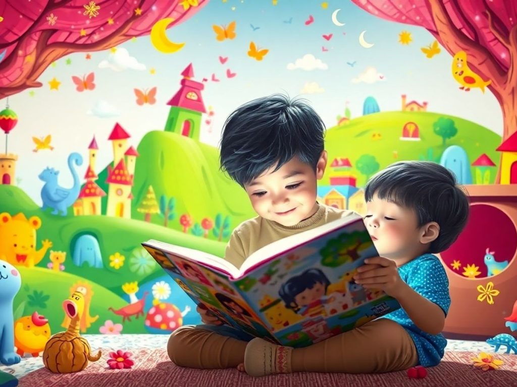 Copil citind o carte plină de imaginație.