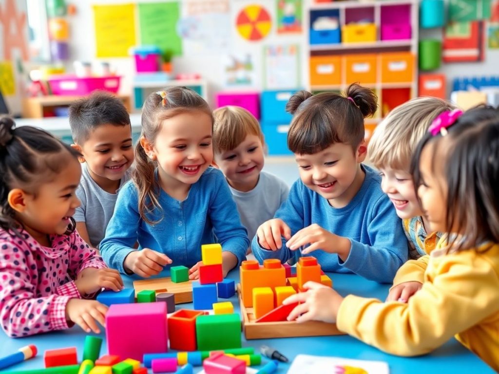 Copii jucându-se cu jocuri educative în clasă.