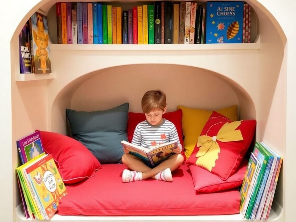 Un copil citind într-un colț confortabil cu cărți.