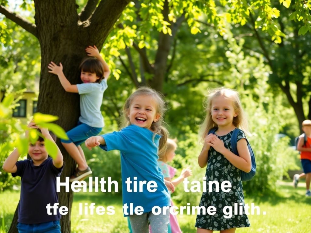 Copii jucându-se și explorând natura în aer liber.