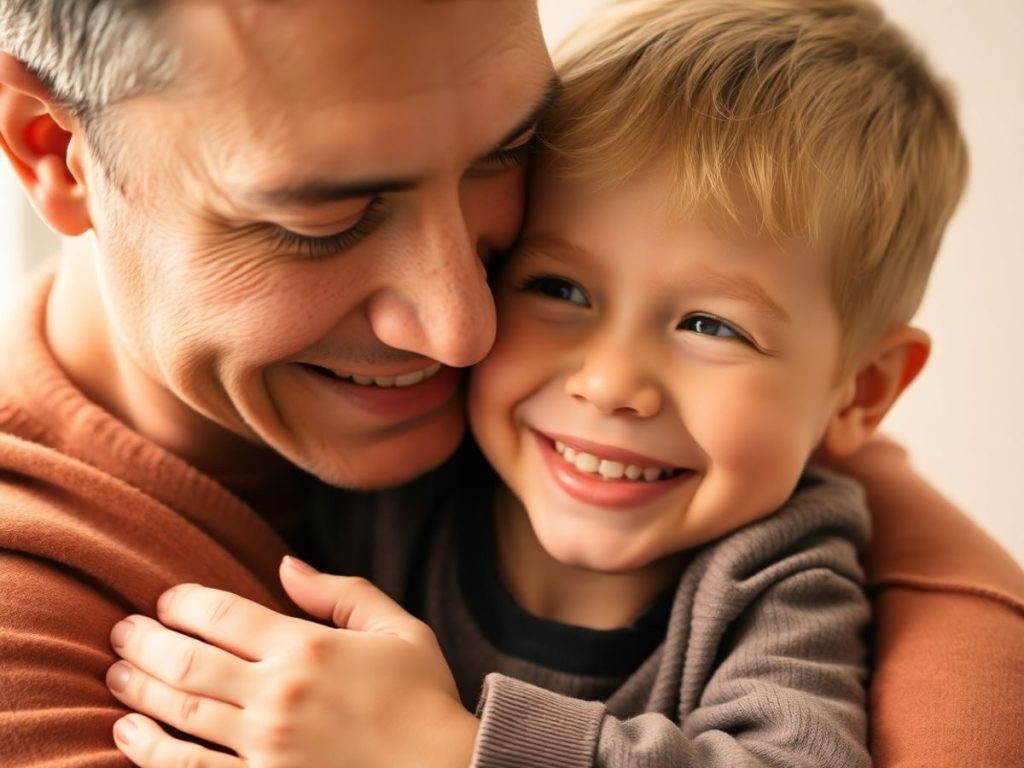 Părinte și copil zâmbitori, conectându-se emoțional.