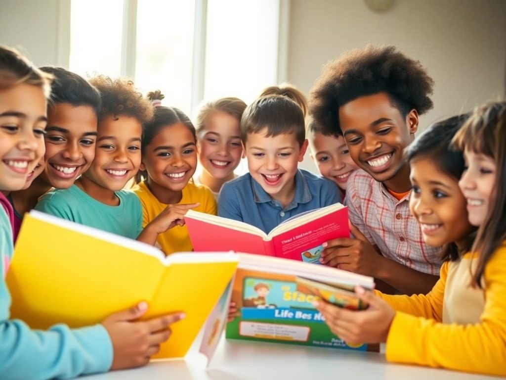 Copii și adolescenți zâmbitori citind cărți educative variate colorate