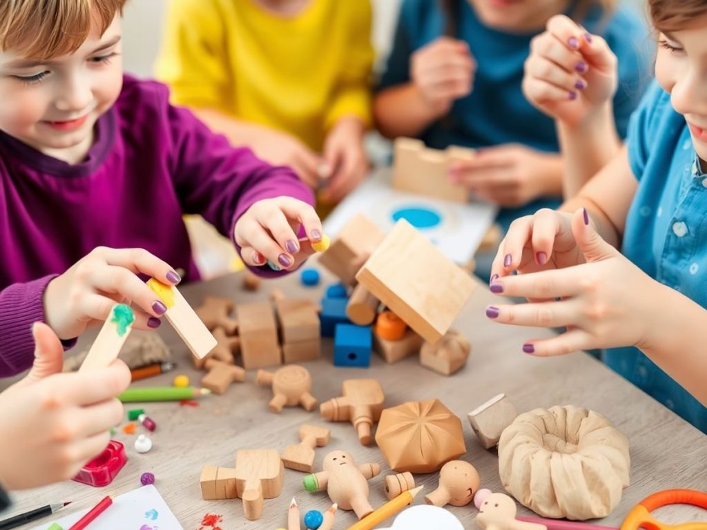 Copii construind, pictând și creând obiecte.