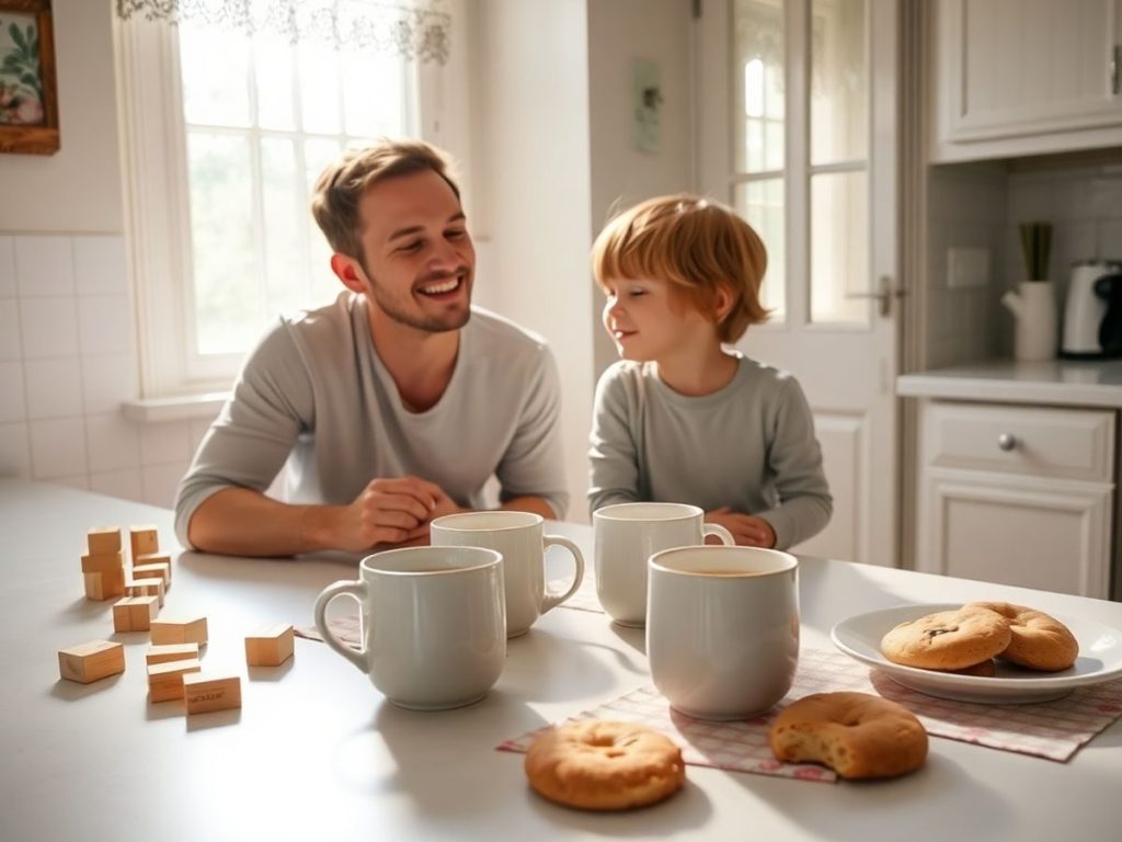 Părinte și copil zâmbind la masă în bucătărie luminoasă, caldă.