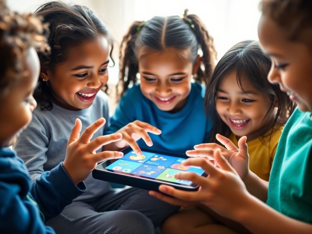 Copii interacționând cu aplicații educative pe tabletă, plini de bucurie.