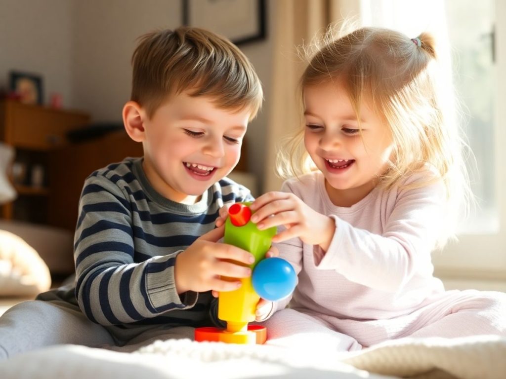 Doi copii zâmbind, împărțind o jucărie