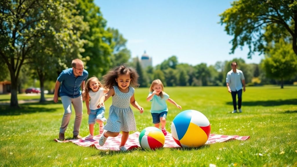 Familie fericită bucurându-se de activități în aer liber în parc.
