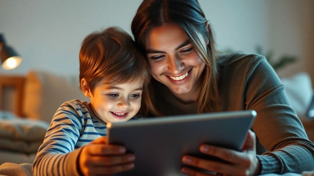 Părinte și copil folosesc o tabletă împreună.