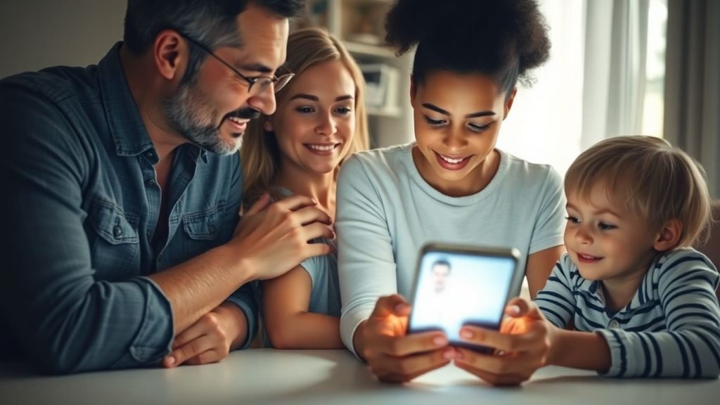 Familie limitând timpul petrecut pe ecrane împreună.