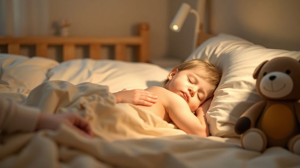 Copil doarme liniștit în pat, cameră luminoasă și jucării.